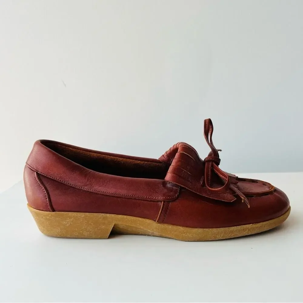 Vintage Red Brown Leather Fringe Moccasins Laced Wedge Rubber Sole Comfortable